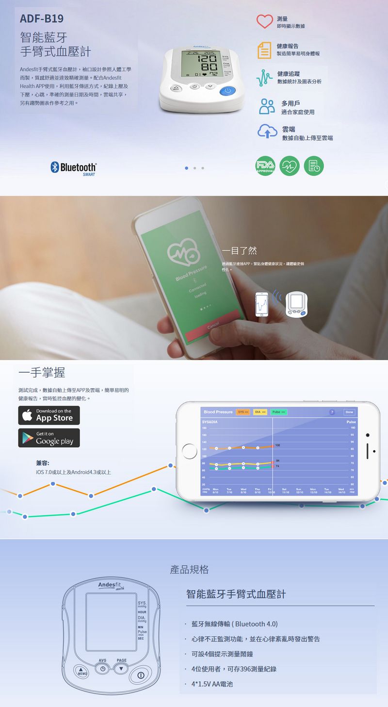 Andesfit Health 智能藍牙手臂式血壓計 